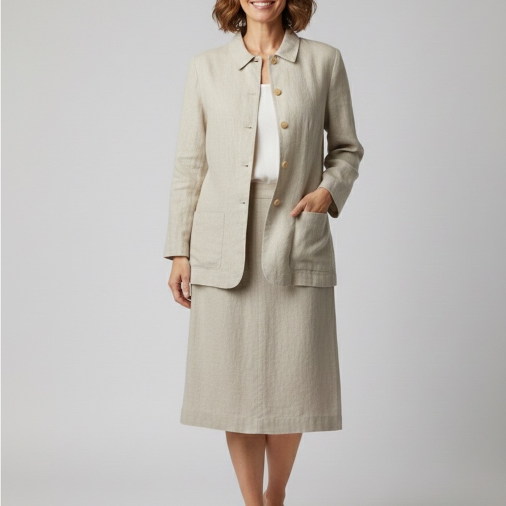 Vintage Talbots 2 Piece Linen Cream Skirt Blazer Suit Set‎ Women’s Size 10 Large